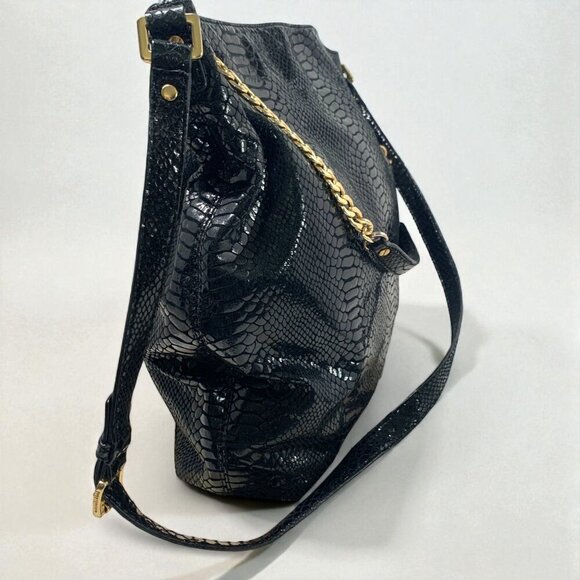 Michael Kors Black Python-Embossed Leather Tote Gold Chain Straps & Logo Charm - Picture 2 of 11
